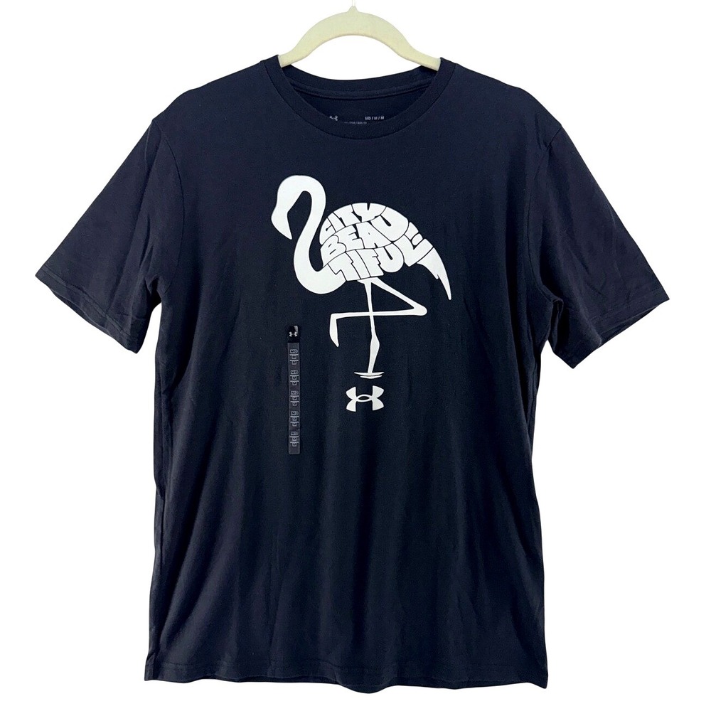 Under Armour Flamingo Graphic Tee M Black Tropical Beach Streetwear Loose Fit